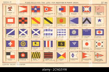 YACHT FLAGS Assorted. Blue Red Yellow Black 1896 old antique print picture Stock Photo