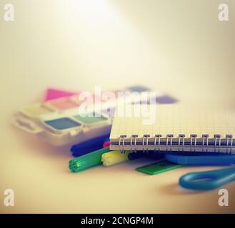 School supplies on light background Stock Photo