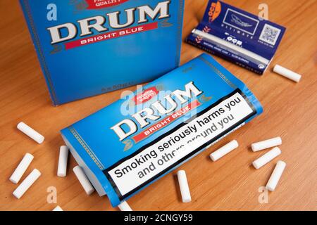Moscow, Russia - September 17, 2020: Pouche and box of Drum Bright Blue rolling tobacco Stock Photo