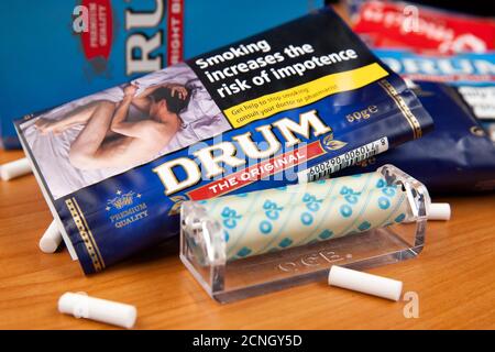 Moscow, Russia - September 17, 2020: Still-life with pouche of Drum The Original rolling tobacco Stock Photo