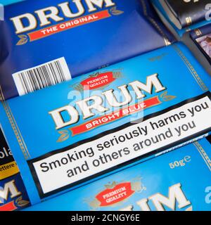 Moscow, Russia - September 17, 2020: Packs of rolling tobacco close-up. Drum Bright Blue and The Original Stock Photo