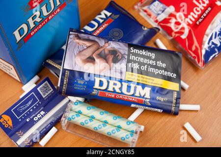 Moscow, Russia - September 17, 2020: Packs of Drum The Original rolling tobacco and smoking accessories Stock Photo