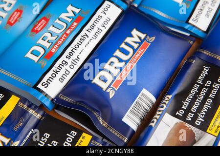 Moscow, Russia - September 17, 2020: Packings of Drum rolling tobacco close-up Stock Photo