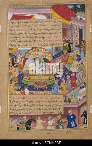 Tumanba Khan, His Wife, and His Nine Sons, Folio from a Chingiznama (Book of Genghis Khan), ca. 1596. Commissioned by emperor Akbar. Stock Photo