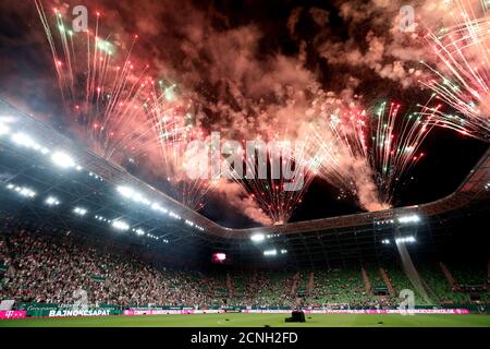 Budapest Hungary June 27 General View Inside The Stadium As Fireworks Are Set Off As Ferencvarosi Tc Celebrate The 31st Championship Title After The Hungarian Otp Bank Liga Match Between Ferencvarosi