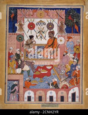 Misbah the Grocer Brings the Spy Parran to his House, Folio from a Hamzanama (The Adventures of Hamza), ca. 1570. Attributed to Dasavanta. Attributed to Mithra Stock Photo