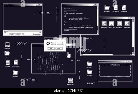 1 bit retro user interface with video player, dialog box with system information and open folder with images Stock Vector