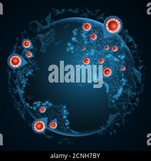 Earth globe in futuristic style with Coronavirus bacteria. Chinese pandemic. Dangerous cellular infection. Infected points. Abstract glowing infected Stock Vector