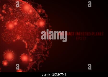 Earth globe in futuristic style with Covid-19 bacteria. Chinese pandemic. Dangerous cellular infection. Plexus triangles. Glowing 3D infected planet f Stock Vector