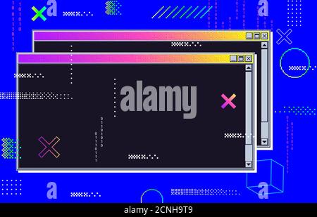 Vaporwave cyberpunk glitch retrofuturistic background with opened windows. User interface with neon color Stock Vector