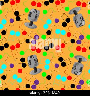 Seamless vector pattern with microphone and color notes Stock Vector