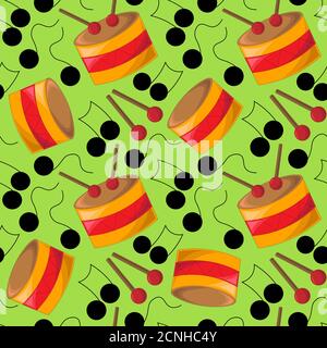 Seamless vector pattern with drums and black notes Stock Vector