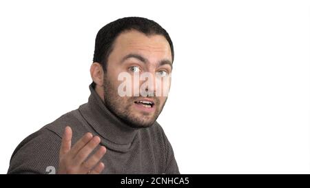 Man talking to camera, white background Stock Photo