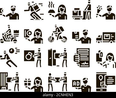Courier Delivery Job Glyph Set Vector Stock Vector