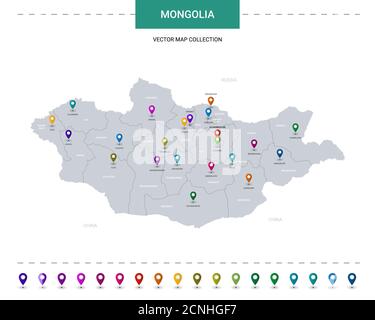 Mongolia map with location pointer marks. Infographic vector template, isolated on white background. Stock Vector