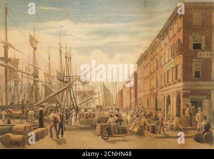 View of South Street, from Maiden Lane, New York City, ca. 1827. Stock Photo