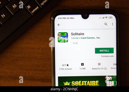 Ivanovsk, Russia - July 07, 2019: Solitaire app on the display of smartphone or tablet Stock Photo