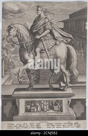 Plate 7: equestrian statue of Galba, in profile to the left, with a beheading scene in the background, from 'Roman Emperors on Horseback', ca. 1587-89. Stock Photo