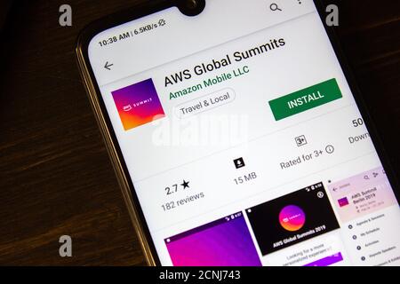 Ivanovsk, Russia - July 21, 2019: AWS Global Summits app on the display of smartphone Stock Photo