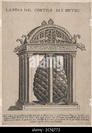 Speculum Romanae Magnificentiae: The Pineapple in the Courtyard of S. Pietro, 16th century. Stock Photo