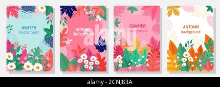 Vector set four seasons, winter, spring, summer, autumn, flowers and leaf design template, banner, cover, templates, postcard. Stock Vector