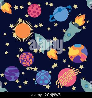 Seamless space pattern. Planets, rockets and stars. Cartoon spaceship icons. Kid's elements for scrap-booking. Stock Vector