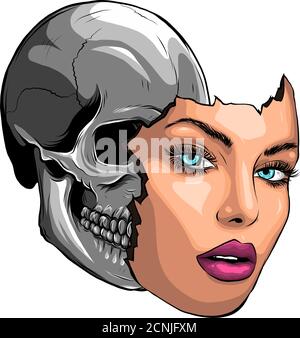 skull with sad unhappy face holding mask with a fake smile. Stock Vector