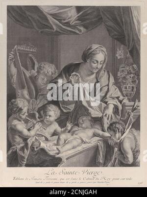 The Virgin holding a cloth above the sleeping Christ child, with musical angels and the infant Saint John the Baptist, ca. 1729. Stock Photo