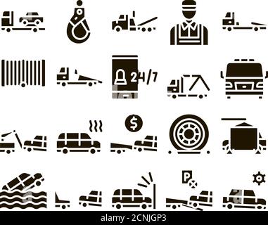 Tow Truck Transport Glyph Set Vector Stock Vector