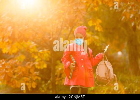 Little girl wearing medical face mask prevent pollution on fallen leaves at park. Stock Photo