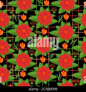 Seamless pattern with red flowers on black background. Decorative seamless floral backdrop. Square texture design elements. Stock vector illustration Stock Vector