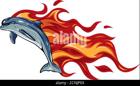 Set of two fiery dolphins. Vector illustrations. Tattoos. Stock Vector