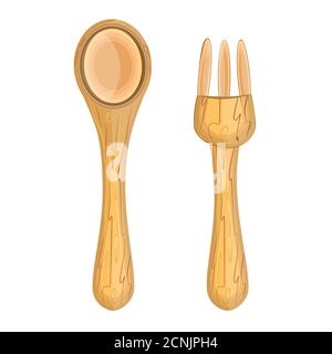 Wooden pair of fork and spoon isolated on white background. Set of bamboo flatware icon top view. Disposable biodegradable table cutlery. Stock vector Stock Vector