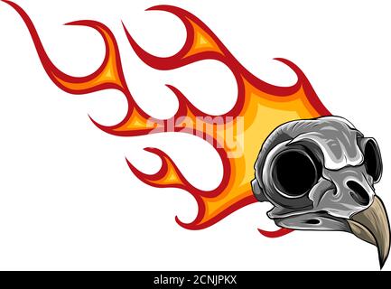 cartoon illustration of a bird skull with flames Stock Vector