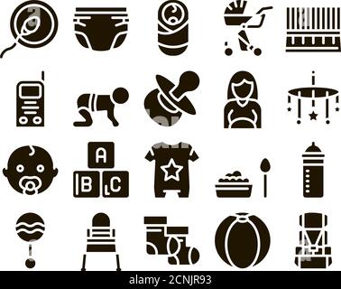 Baby Clothes And Tools Glyph Set Vector Stock Vector