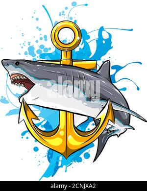 jumping shark illustration with anchor. vector art Stock Vector