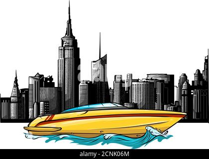 vector Illustration of a luxury private boat on skyscrapers background Stock Vector