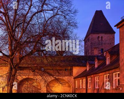 City wall, brick wall, tree, house, window Stock Photo