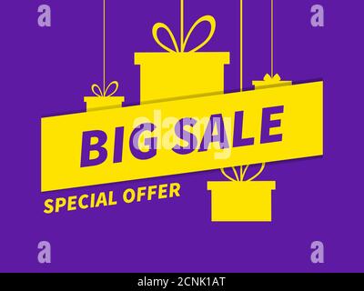 Black Friday special offer. Hanging gift boxes with bows on violet background. Design for promotional items, banners, flyers and gift cards. Vector il Stock Vector