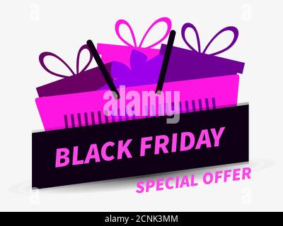 Black Friday special offer. Shopping cart full of boxes isoleted on white background. Design for promotional items, banners, flyers and gift cards. Ve Stock Vector