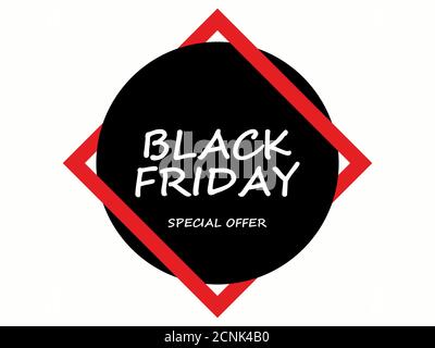 Black Friday special offer. Black circle with text in a red frame on a white background. Discount round sticker. Design for promotional items, banners Stock Vector