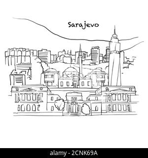 Famous buildings of Sarajevo, Bosnia & Herzegovina Composition. Hand-drawn black and white vector illustration. Grouped and movable objects. Stock Vector