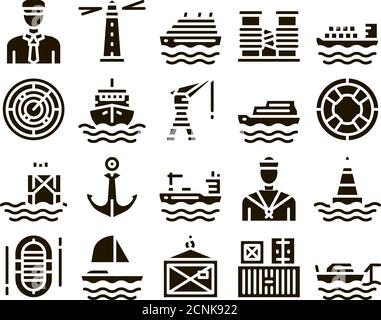 Marine Port Transport Glyph Set Vector Stock Vector