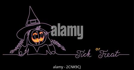 Trick or treat Halloween black night background with pumpkin creepy smile and small witch. One continuous line drawing with lettering trick or treat Stock Vector