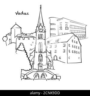 Famous buildings of Vaduz, Liechtenstein Composition. Hand-drawn black and white vector illustration. Grouped and movable objects. Stock Vector