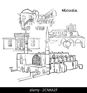 Famous buildings of Nicosia, Cyprus Composition. Hand-drawn black and white vector illustration. Grouped and movable objects. Stock Vector