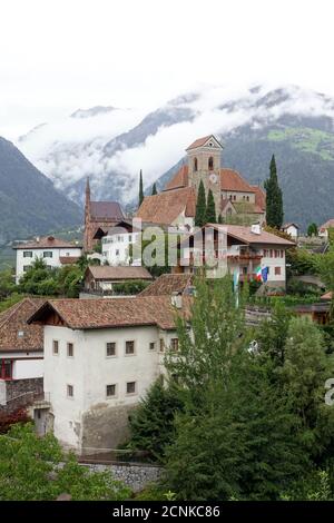 View of Scena with Mausoleum of Archduke John of Austria and new Parish Church of St. Mary Assumptio Stock Photo