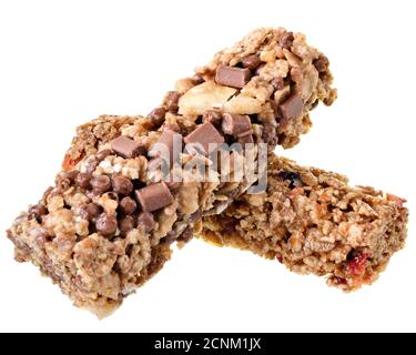 Cereal bars with chocolate, banana and strawberries isolated on white background. Stock Photo