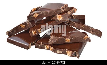 Broken milk chocolate with almond nuts Isolated on a white background. Stock Photo