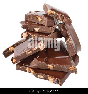 Broken milk chocolate with almond nuts Isolated on a white background. Stock Photo